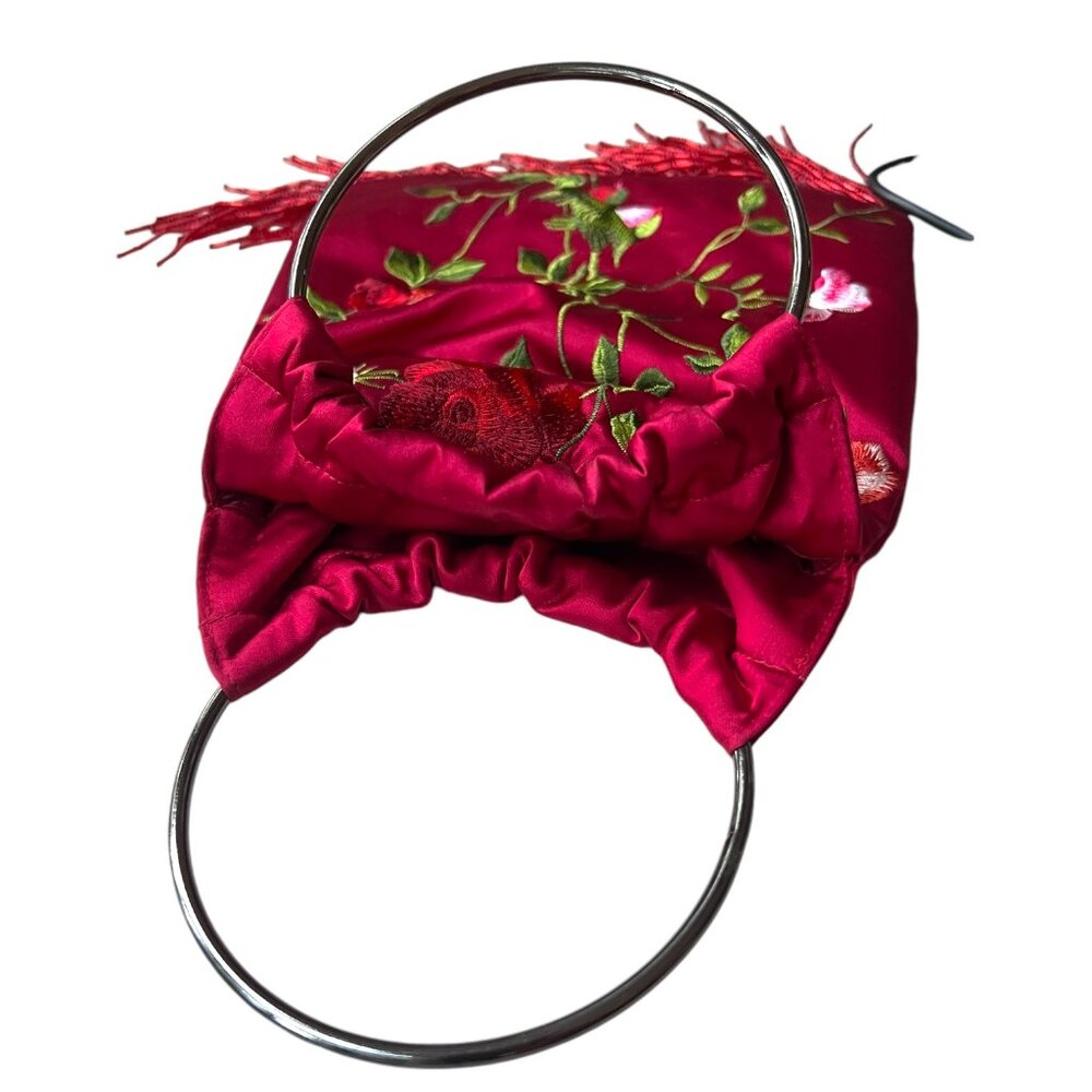 Red embroidered floral bag with red beaded fringe - Picture 3 of 4